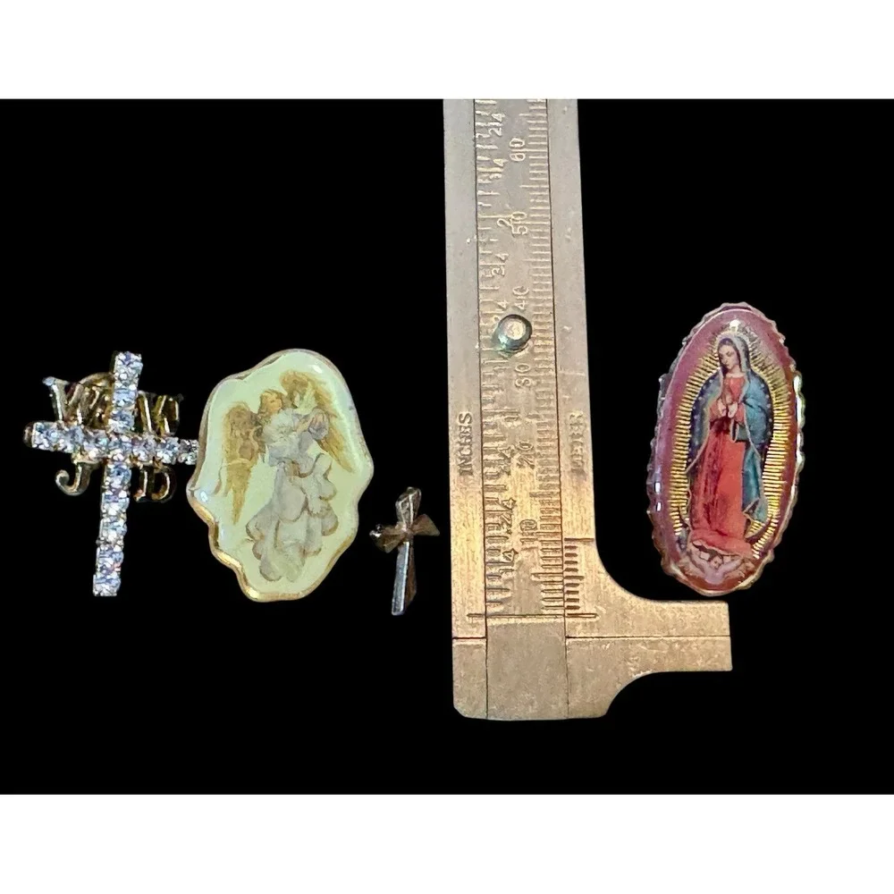 Christian Brooch Pin Lot 4 WWJD Cross Angel Guadalupe Rhinestone Gold Tone